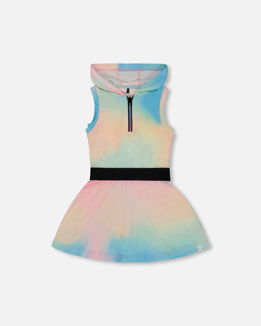 Hooded Dress With Elastic Waist Multicolored Tie Dye-0