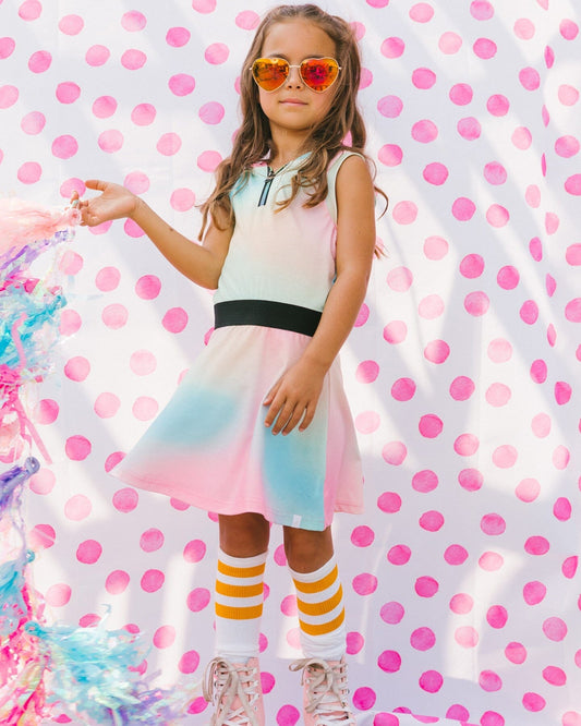 Hooded Dress With Elastic Waist Multicolored Tie Dye-1